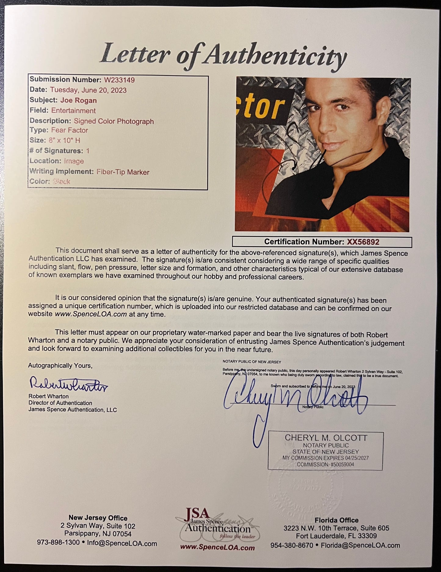 Joe Rogan JSA Signed Autograph 8 x 10 Photo Fear Factor
