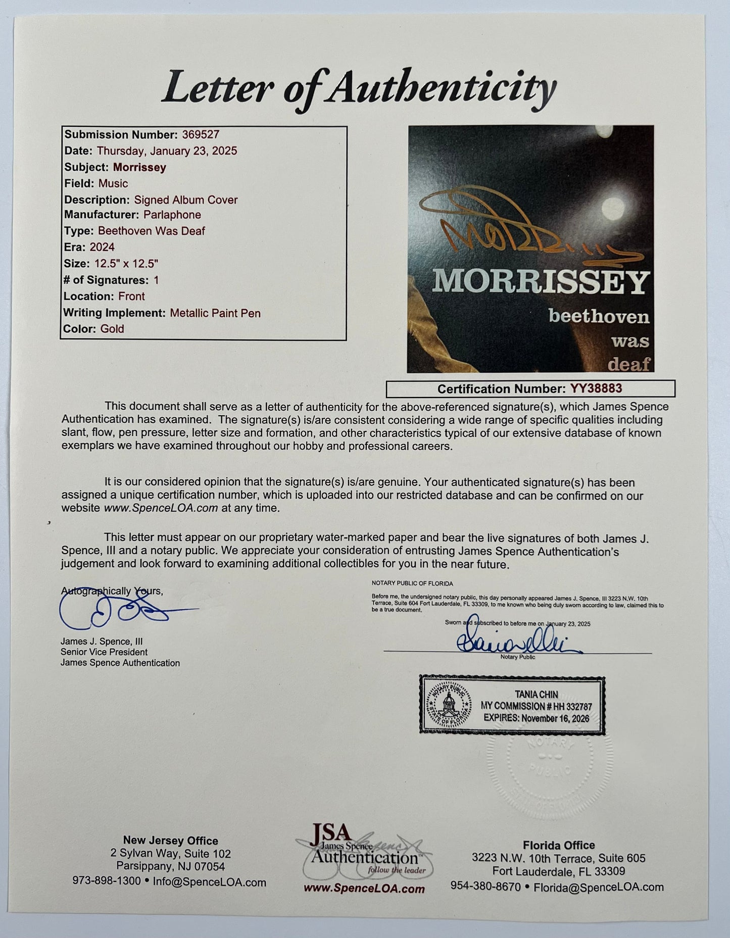 Morrissey JSA Signed Autograph Record Album Vinyl Beethoven Was Deaf