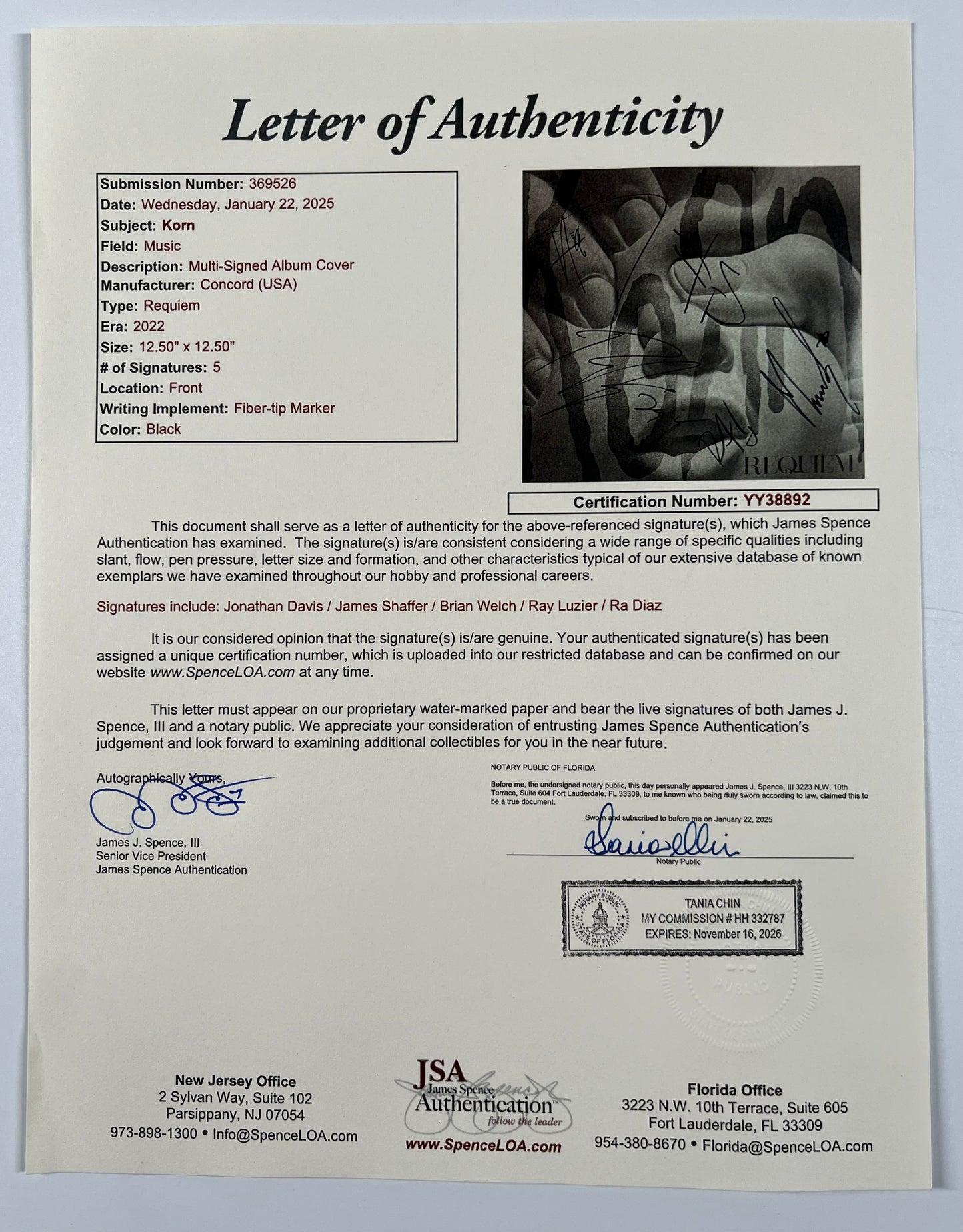 KORN JSA Fully Signed Autograph Vinyl Record Requiem Jonathan Davis +