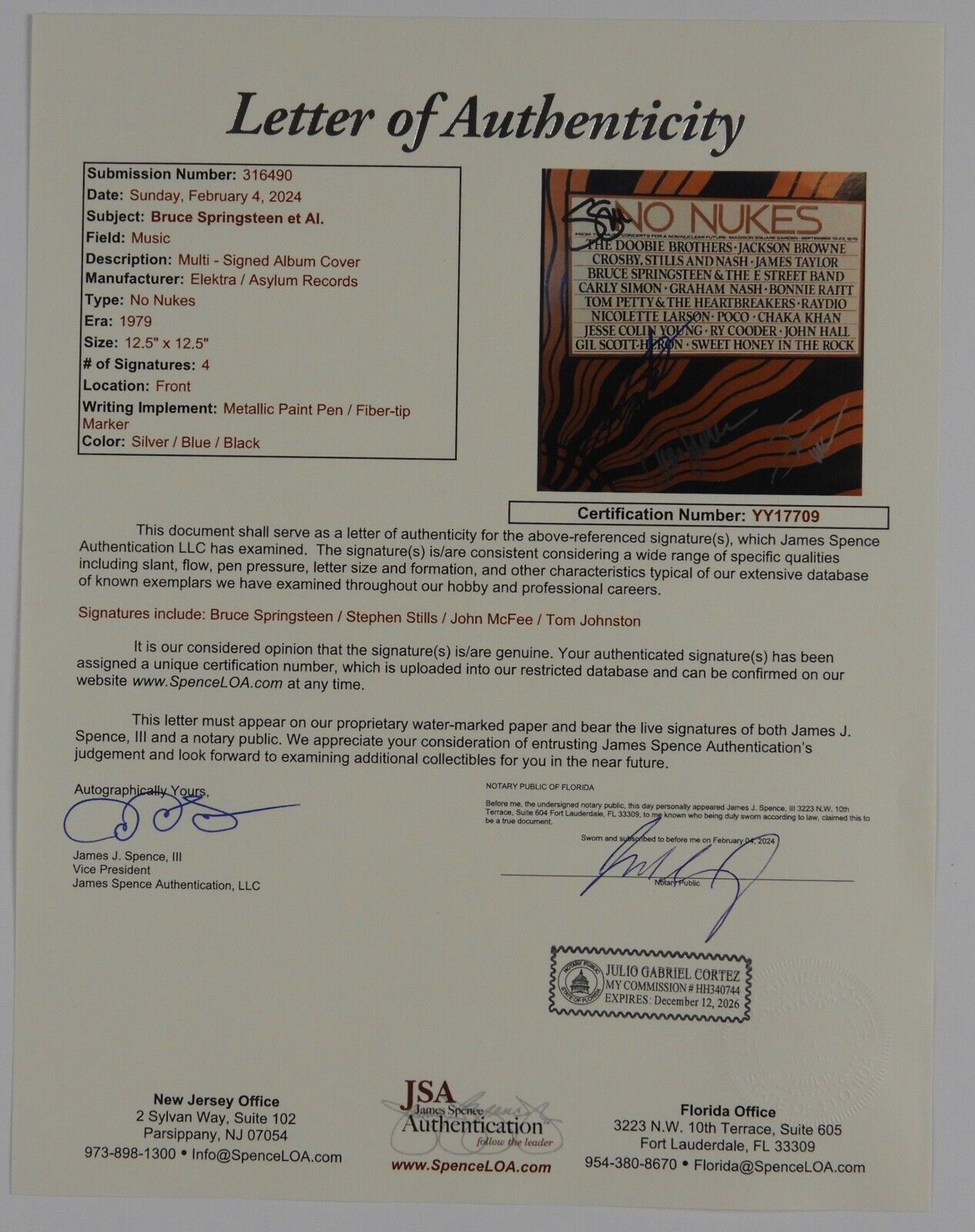 Bruce Springsteen JSA Autograph Signed No Nukes Vinyl Album Vinyl Plus Others