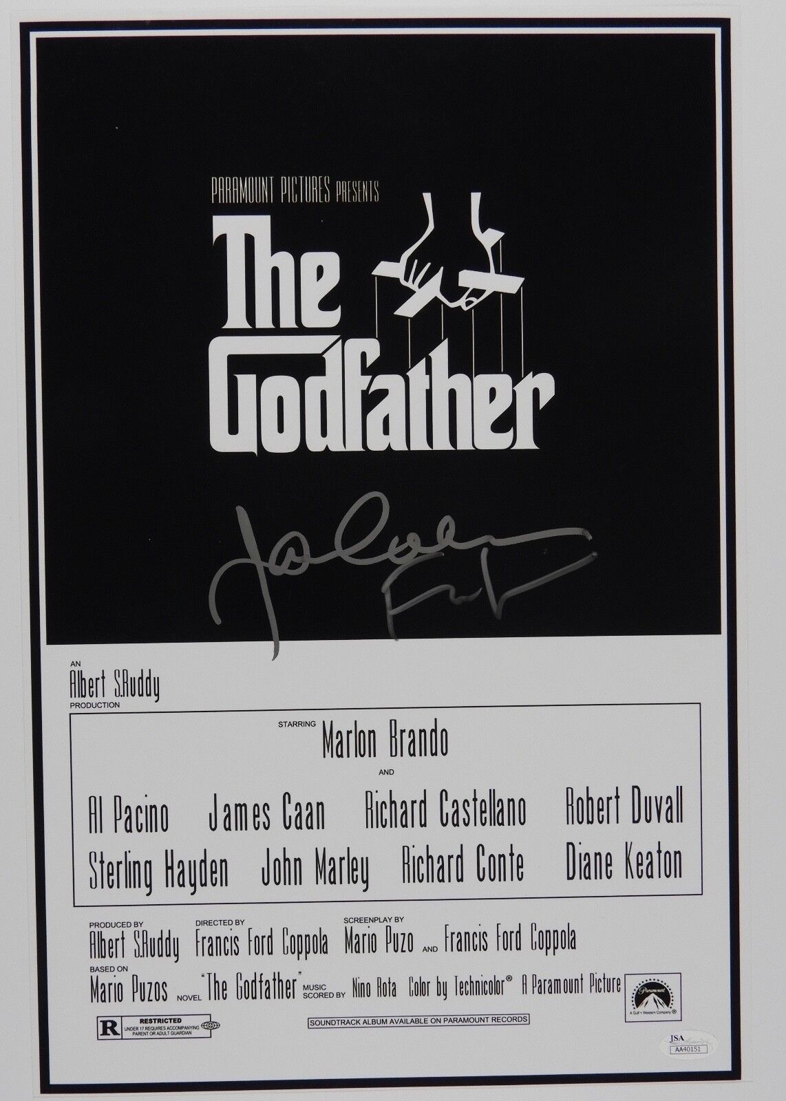 Francis Ford Coppola James Caan The Godfather JSA signed autograph 11 x 17 Photo