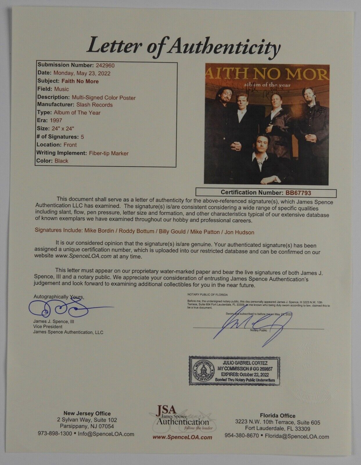 Faith No More JSA Autograph Fully Signed 24" x 24" Poster Album Of The Year