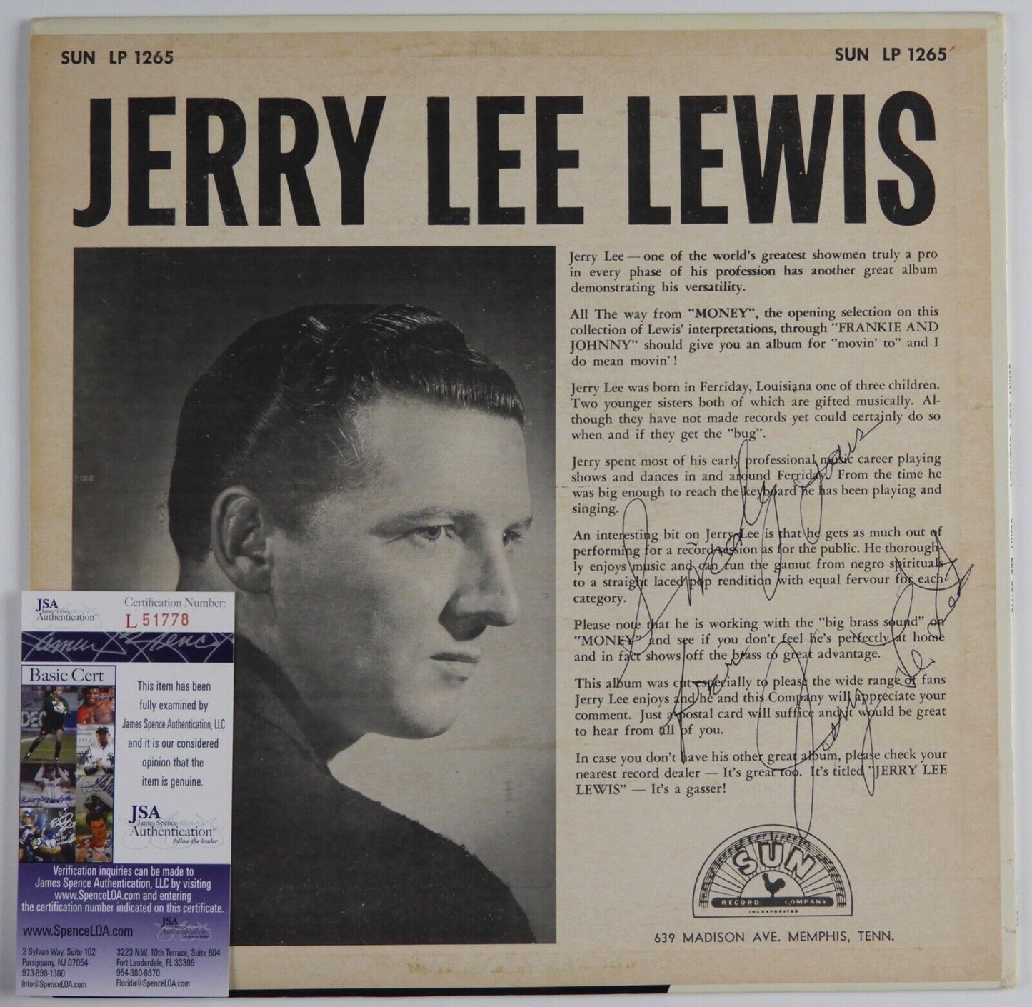 Jerry Lee Lewis Signed Autograph JSA Vinyl Record Original Sun Record Greatest