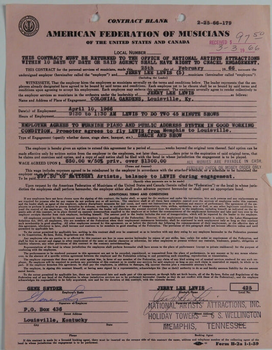 Jerry Lee Lewis JSA Signed Autograph Contract 1966 Louisville, KY