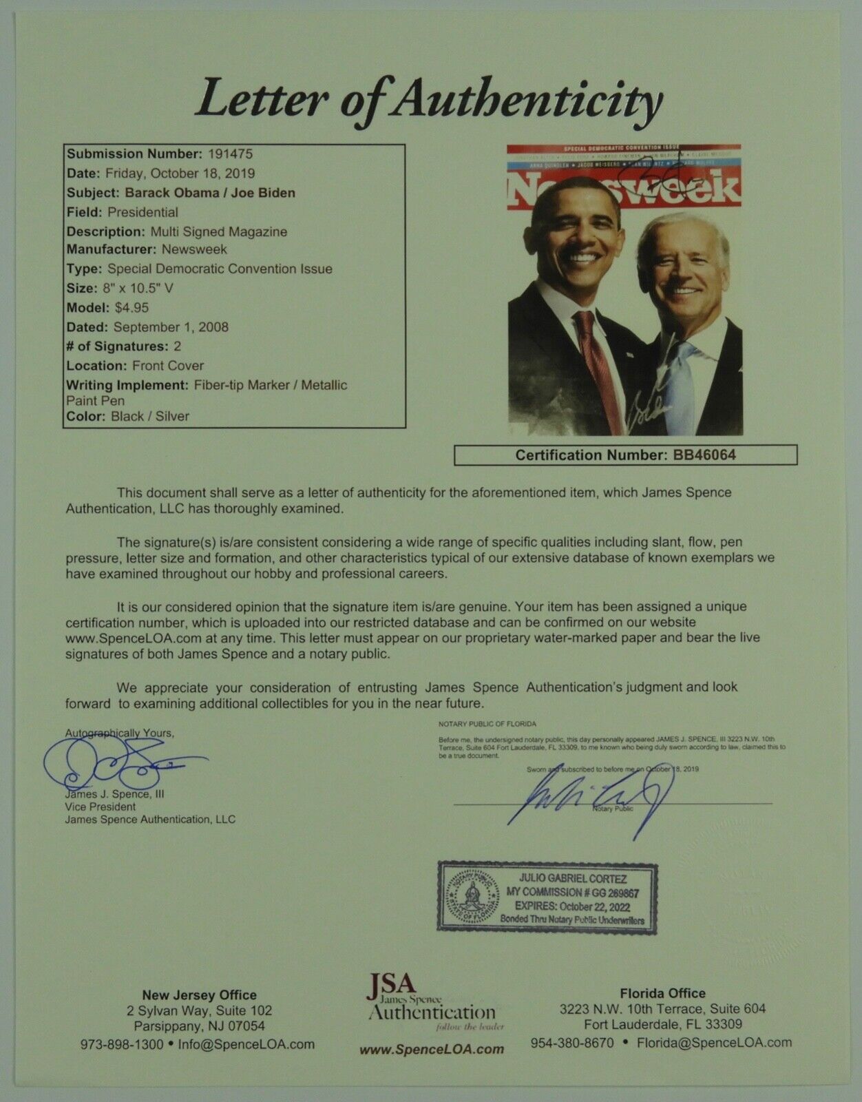 PSA JSA President Barack Obama & Joe Biden Dual Autograph Signed Magazine