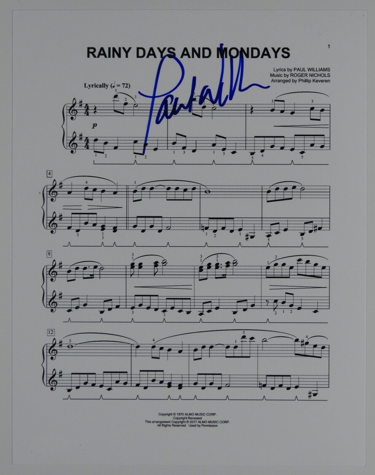 Paul Williams JSA Signed Autograph Photo 8 x 10 Sheet Music Rainy Days & Monday