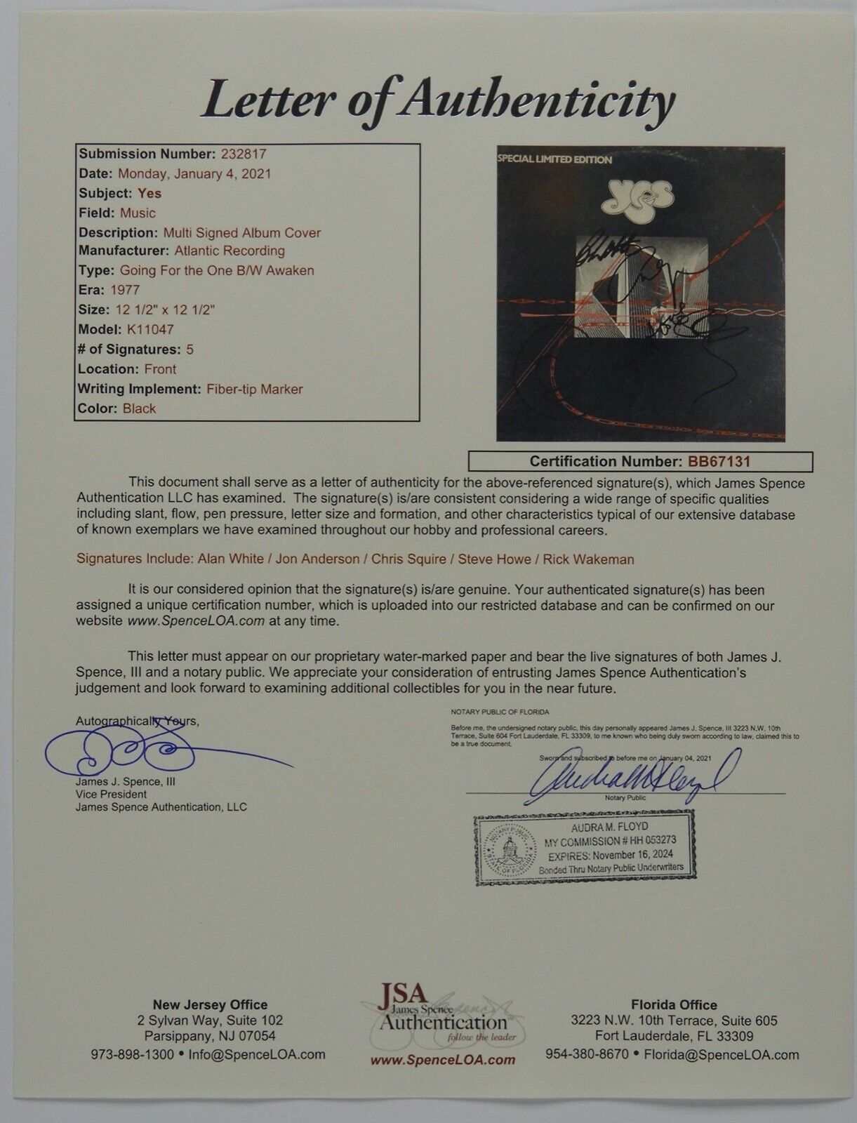 YES JSA Signed Autograph Album Record Vinyl Jon Anderson Chris Squire