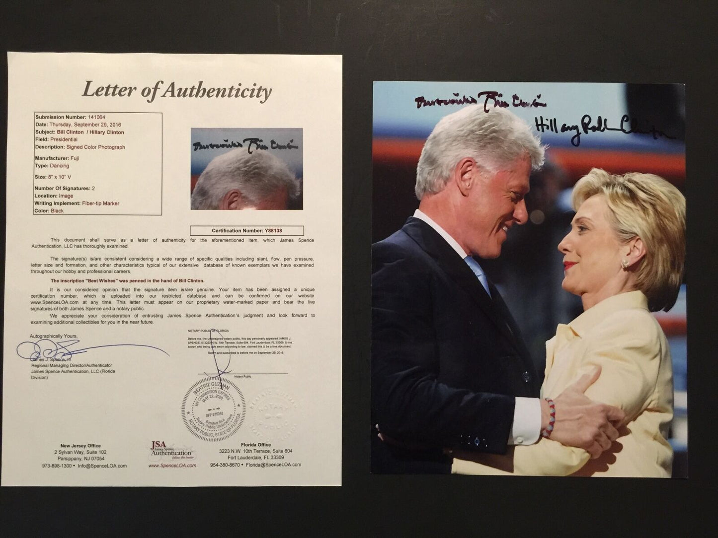 Hillary Clinton Bill Clinton Dual Autographed Signed Photo 8 x 10 JSA