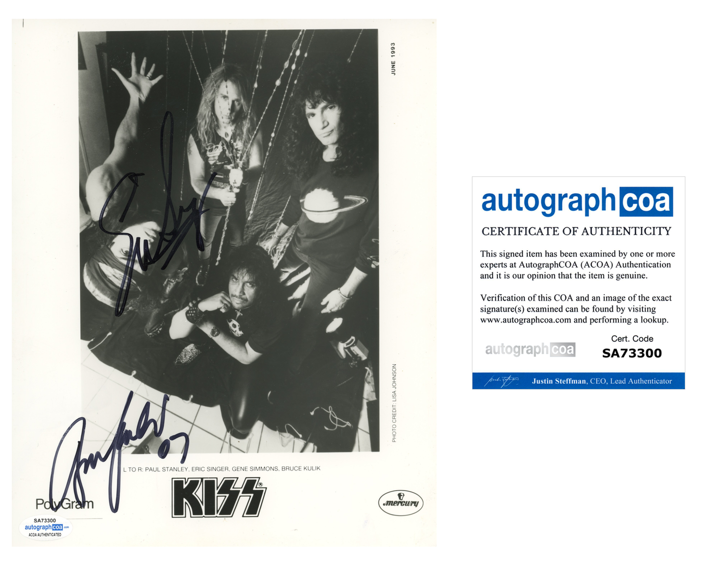 KISS Eric Singer Bruce Kulick Signed  ACOA Signed Autograph 8 x 10 Photo