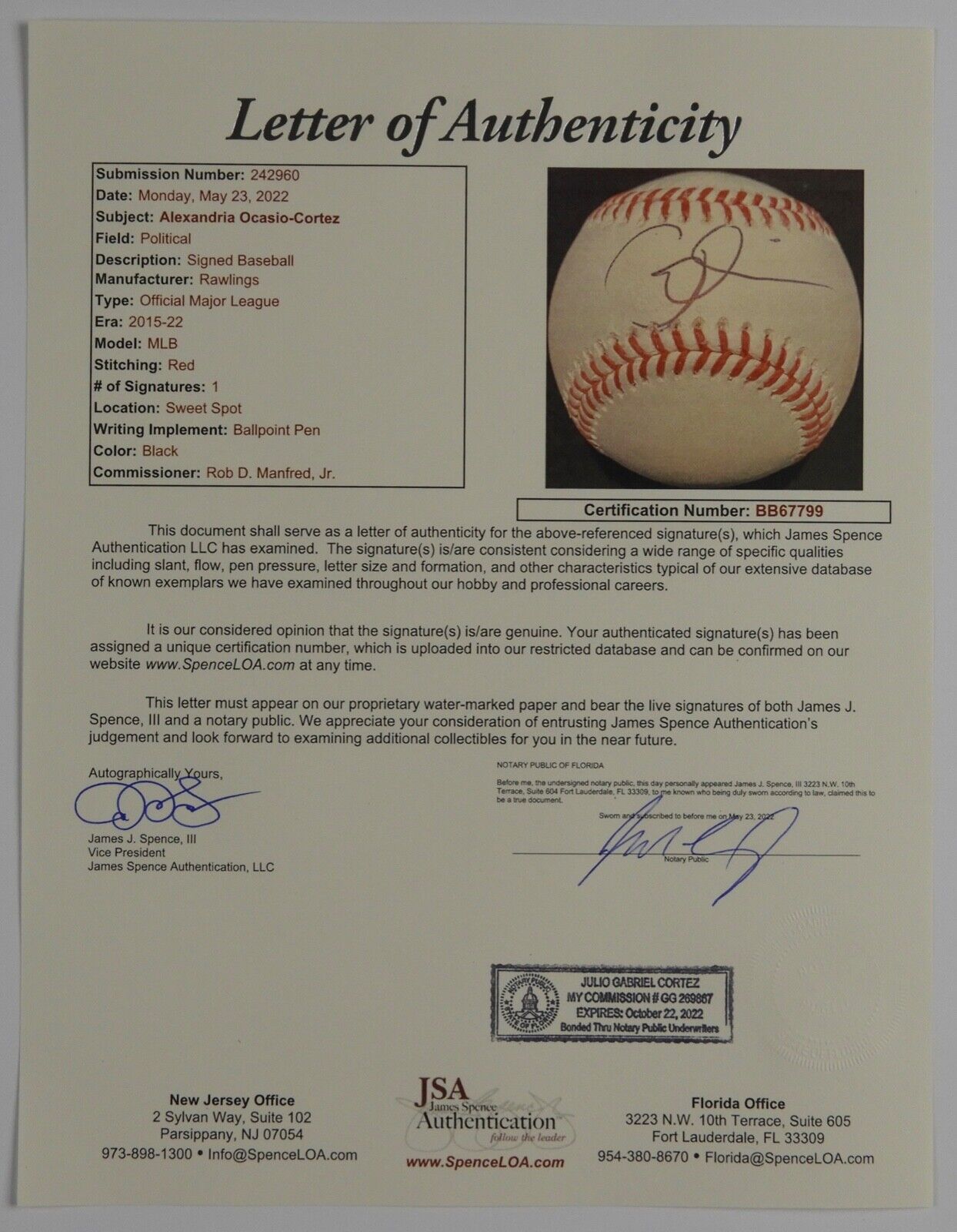 Alexandria Ocasio-Cortez AOC JSA Autograph Signed Baseball