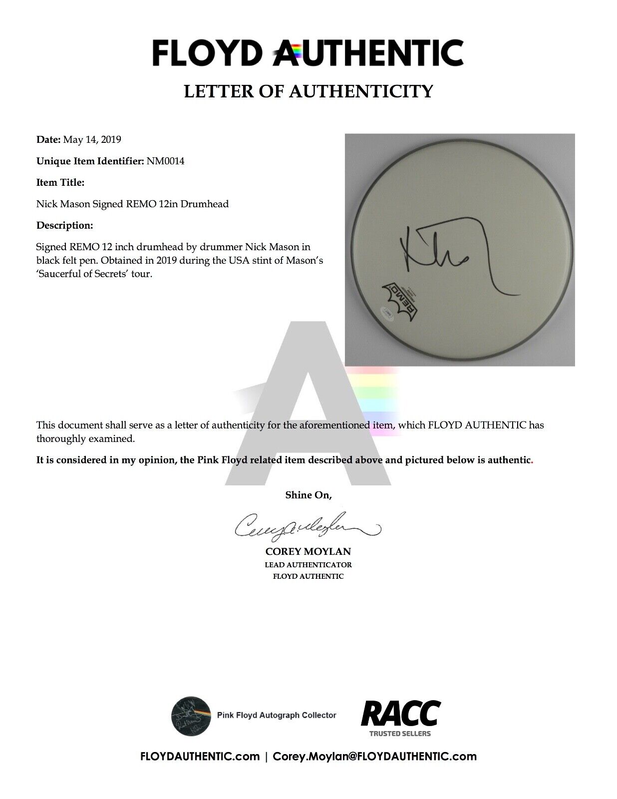 Nick Mason Pink Floyd Autograph Signed Drum Head JSA COA 12" FA LOA