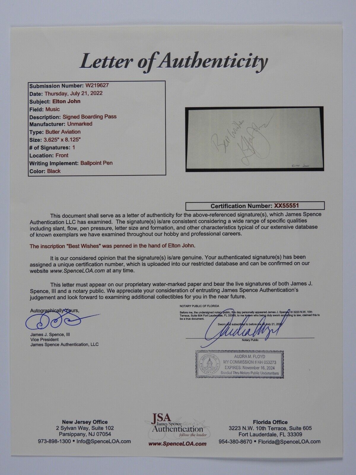 Elton John JSA COA Signed Autograph Cut