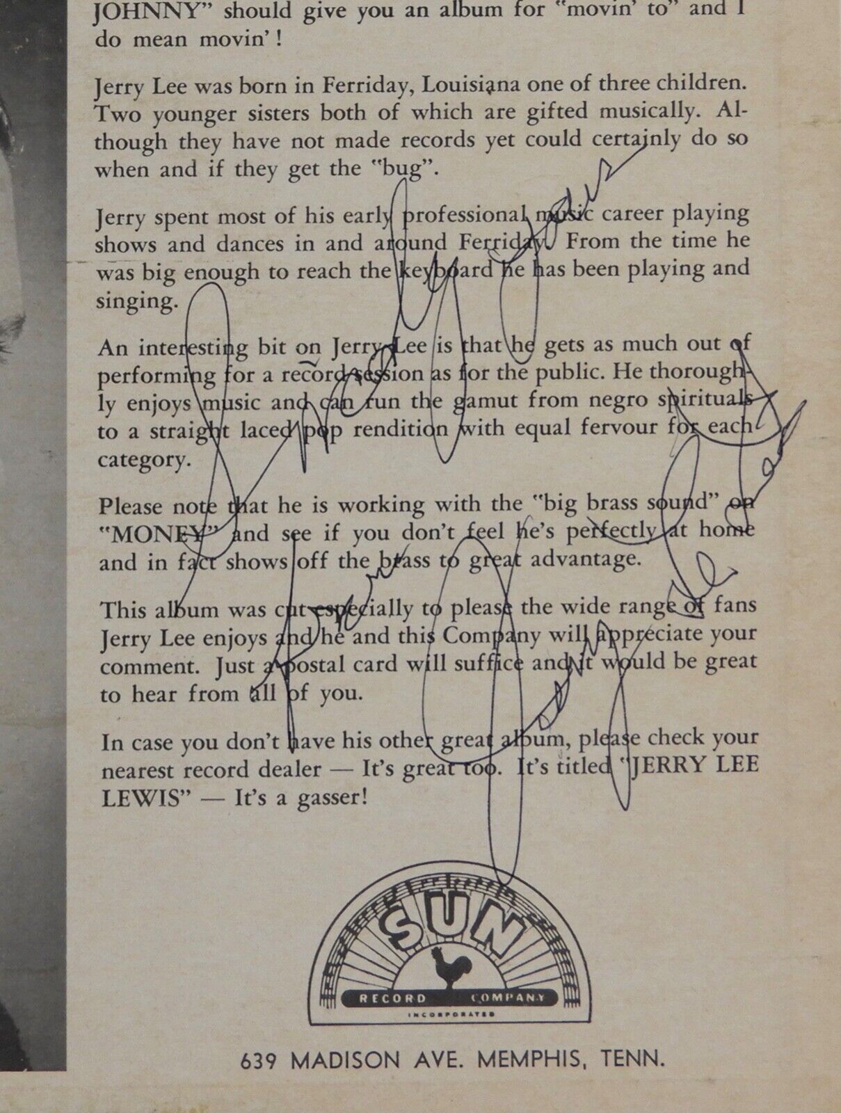 Jerry Lee Lewis Signed Autograph JSA Vinyl Record Original Sun Record Greatest