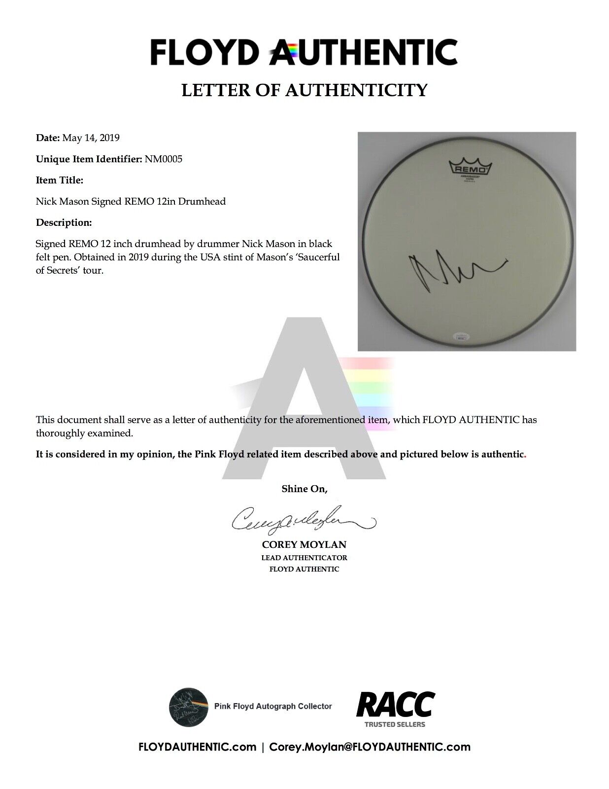 Nick Mason Pink Floyd Autograph Signed Drum Head JSA COA 12" FA LOA