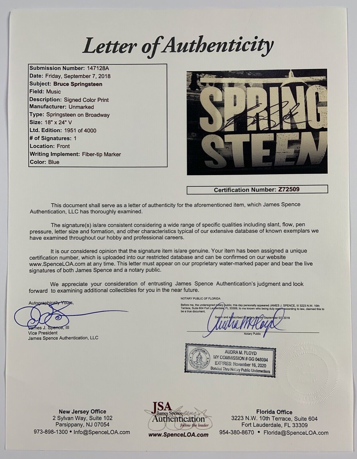 Bruce Springsteen On Broadway Autograph JSA Signed Poster Lithograph