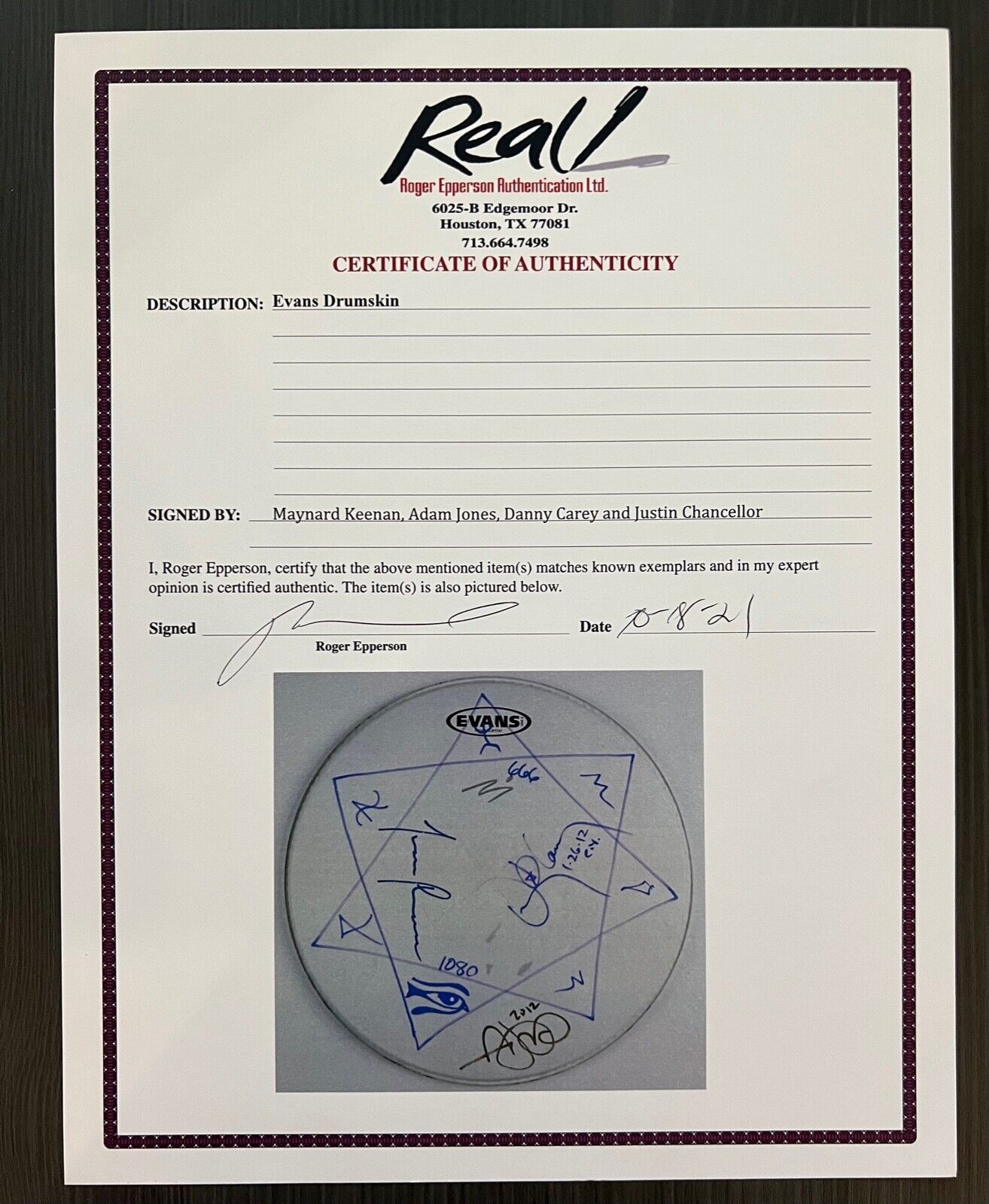 Tool Autograph Signed Drum Head REAL COA 13" Fully Signed Stage Used