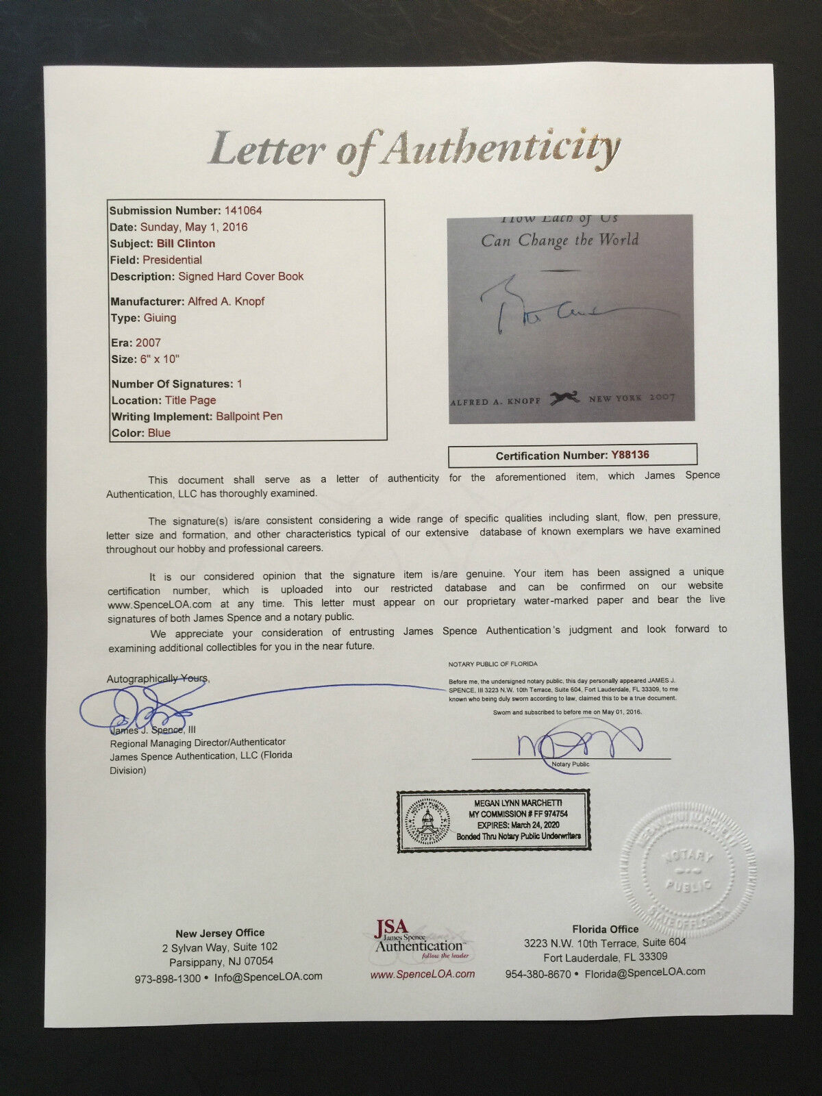 Bill Clinton Autographed Signed Giving Book JSA COA President