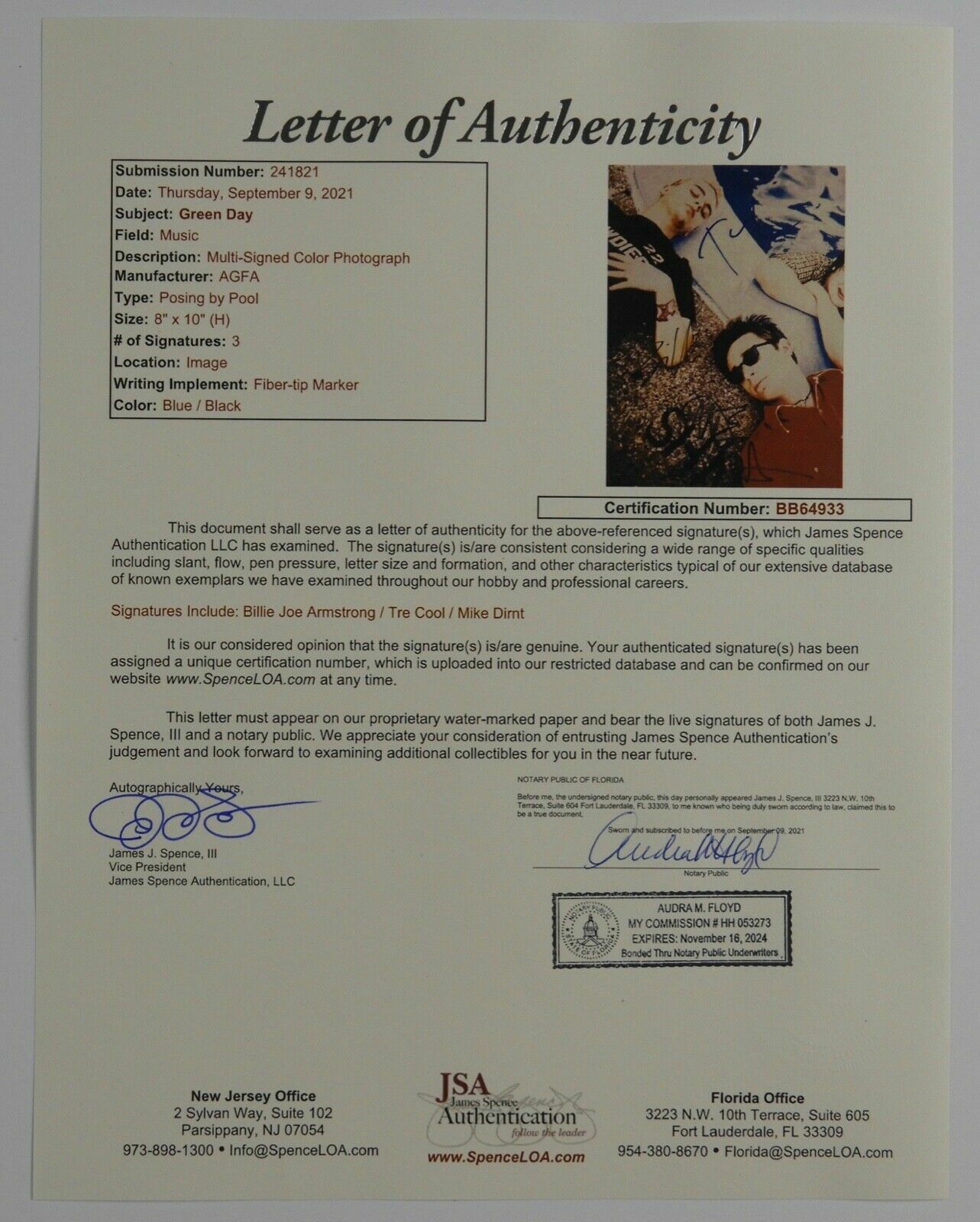 Green Day JSA Fully  Signed Autograph 8 x 10 photo