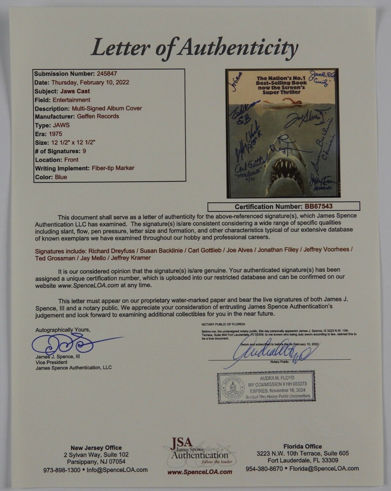 JAWS CAST JSA Signed Autograph Album Soundtrack LP Richard Dreyfuss + 8