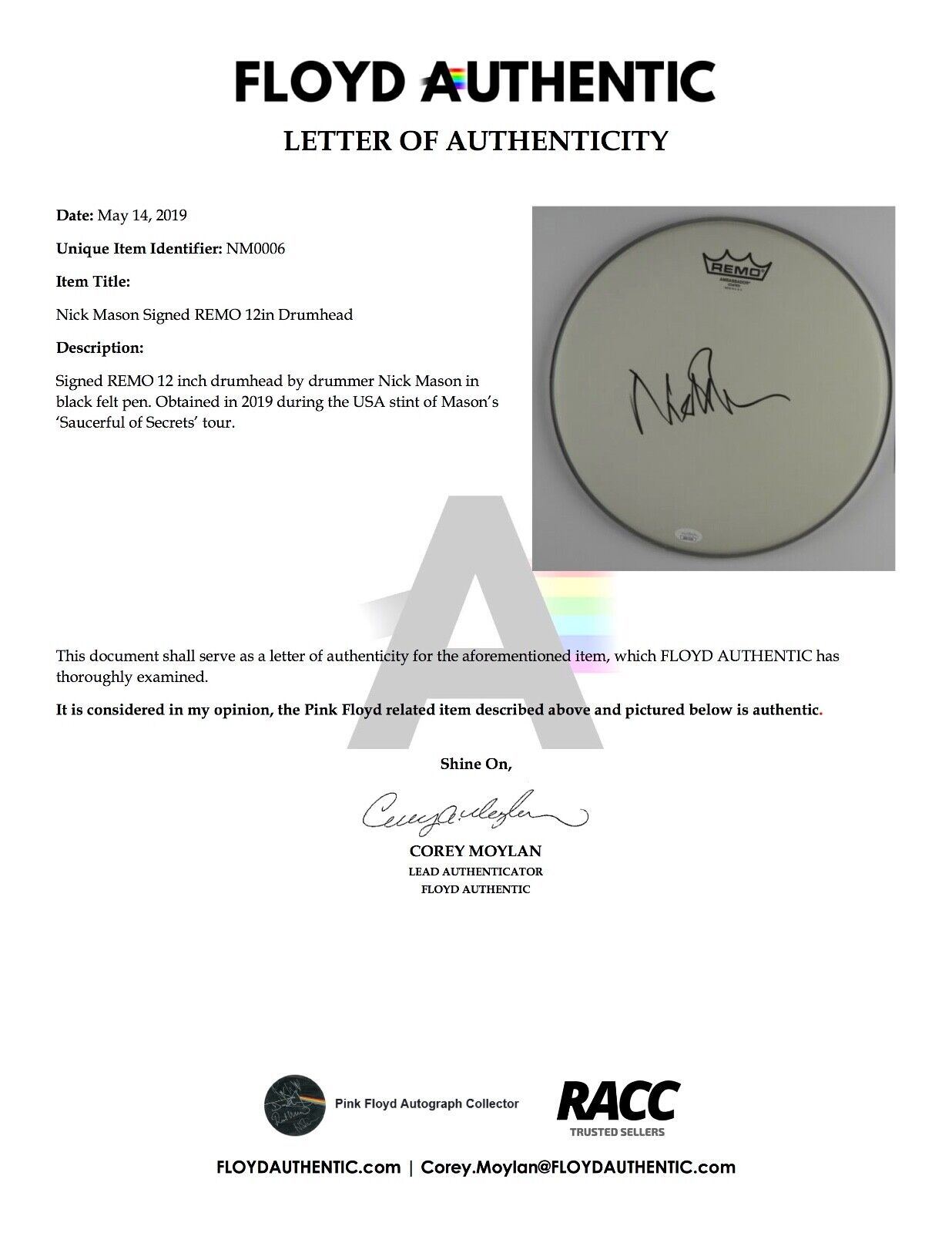 Nick Mason Pink Floyd Autograph Signed Drum Head JSA COA 12"