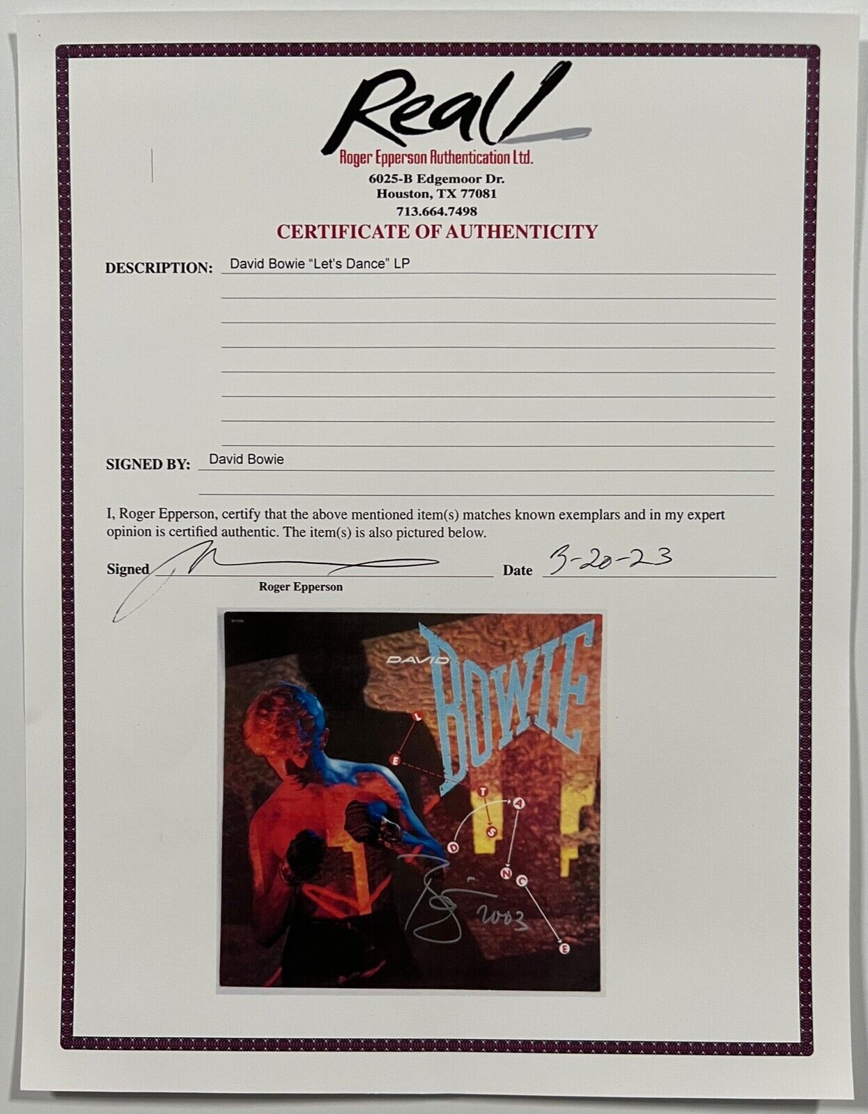 David Bowie Signed  Autograph Lets Dance Album Promo Flat REAL Roger Epperson
