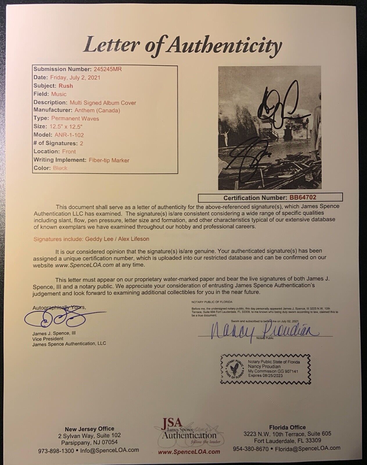 RUSH JSA COA Signed Autograph Record Vinyl Album Geddy Lee Alex Lifeson