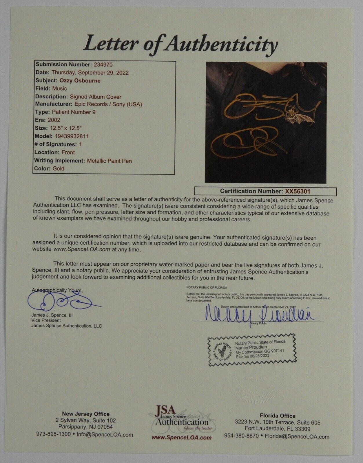 Ozzy Osbourne JSA Signed Autograph Record Album Patient Number 9