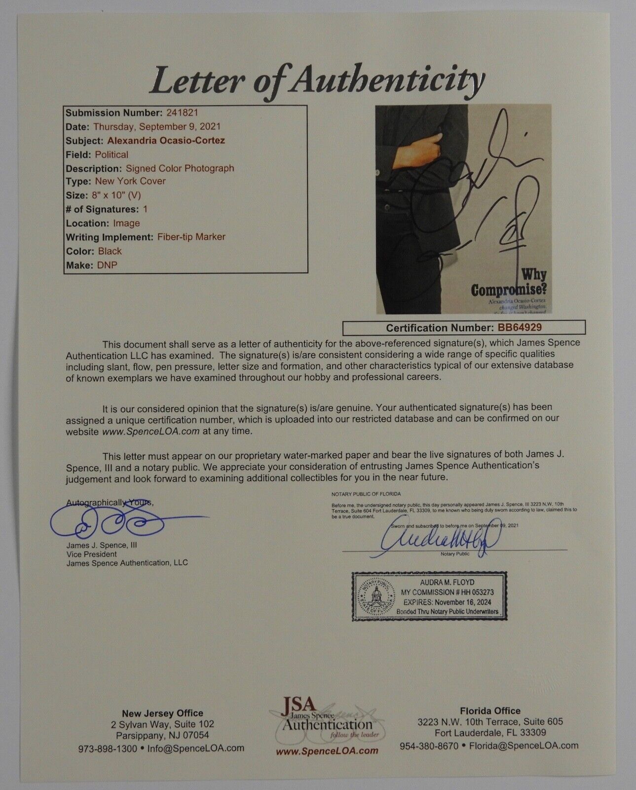 Alexandria Ocasio-Cortez AOC JSA Autograph Signed Photo COA 8 x 10 photo