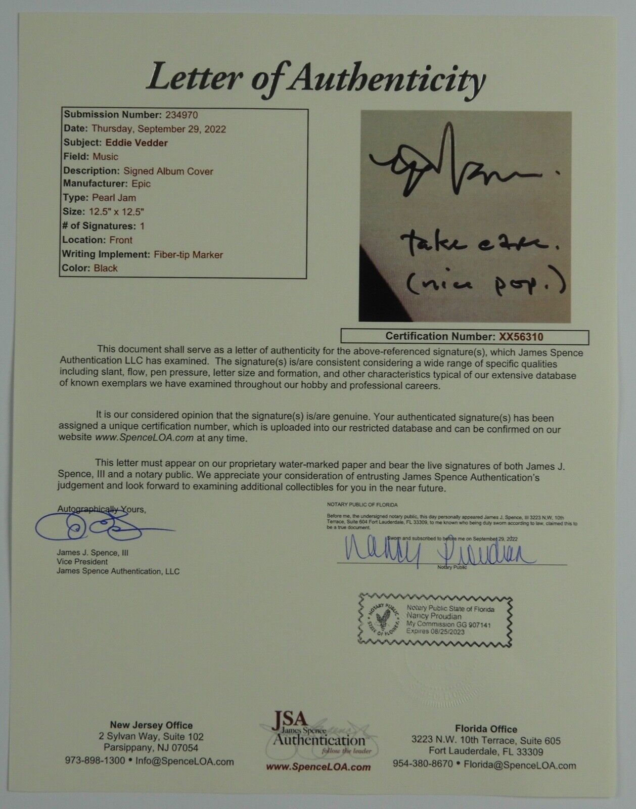 Eddie Vedder JSA Epperson Signed Autograph Album Record Vinyl REAL Pearl Jam