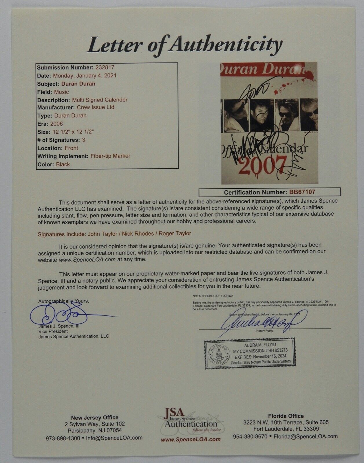 Duran Duran JSA Signed Autograph 2007 Calendar Roger Taylor Nick Rhodes John
