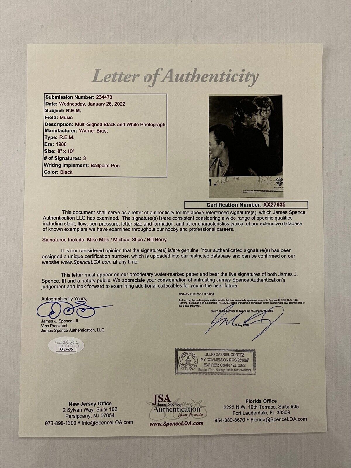 REM Autograph JSA Signed Promo Photo Michael Stipe Mike Mills Billy R.E.M.
