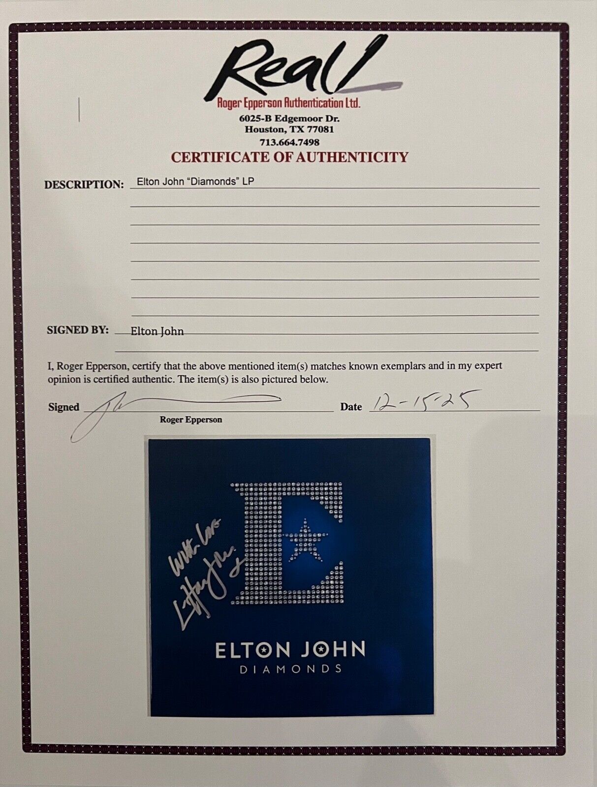 Elton John JSA Signed Diamonds Autograph Album Record Vinyl REAL Roger Epperson