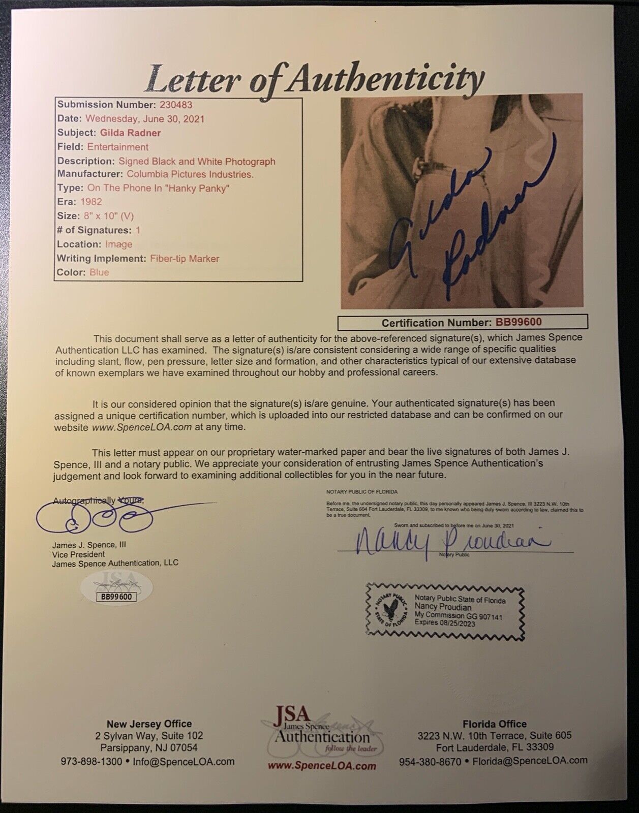 Gilda Radner JSA Signed Autograph 8 x 10 Saturday Night Live SNL Hanky Panky