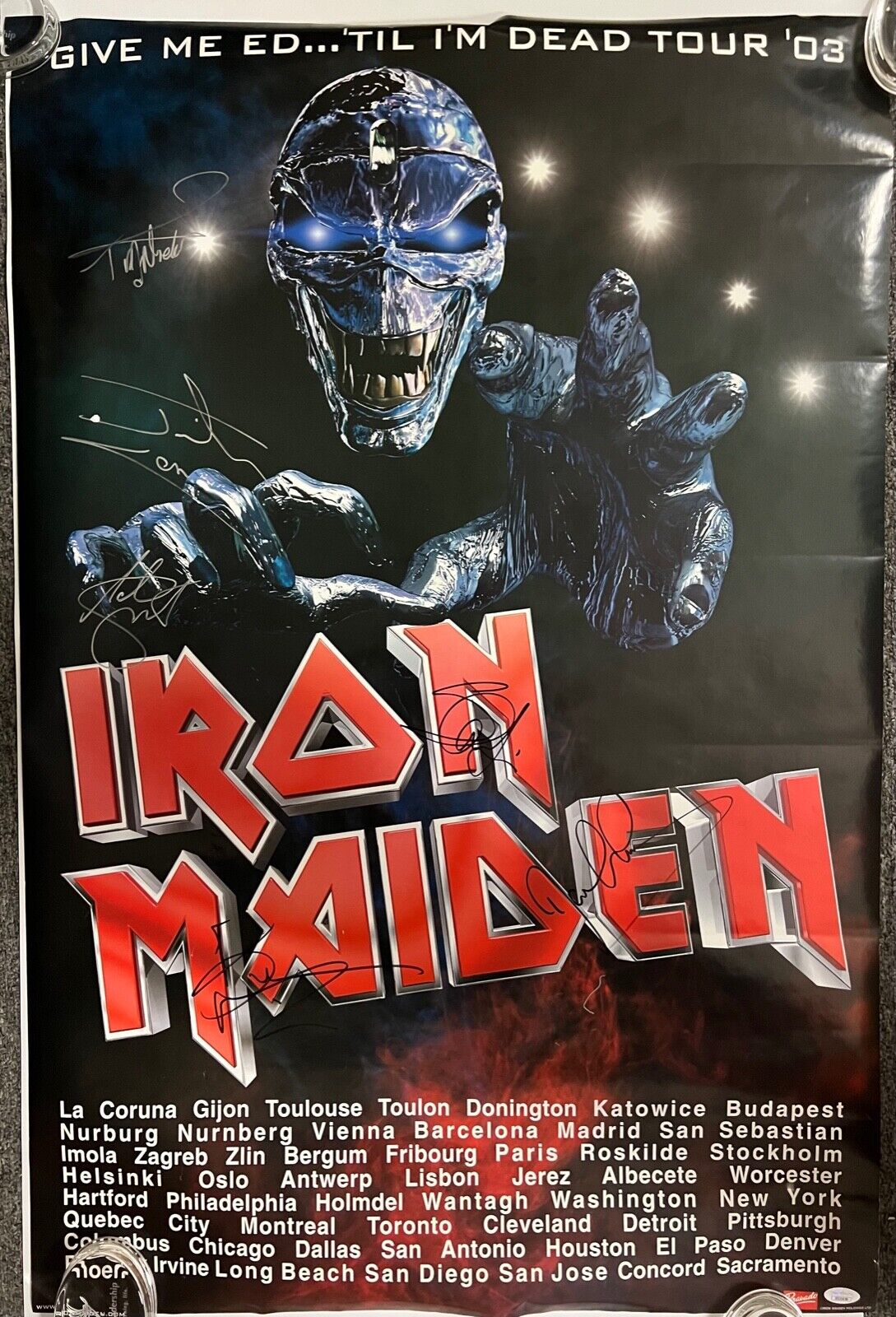 Iron Maiden Fully JSA Signed Autograph Poster Give Me Ed 03 Tour 6 SIGS!