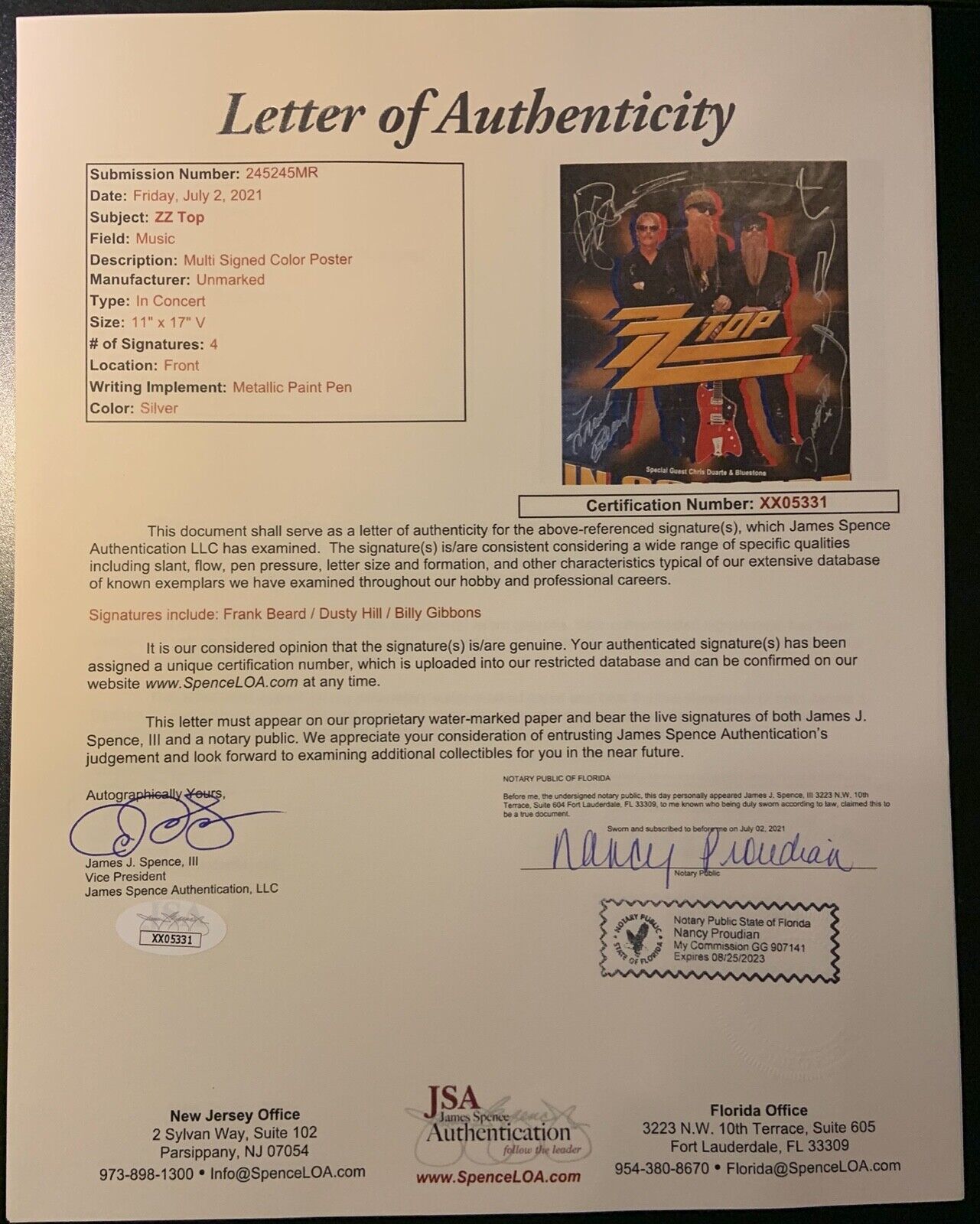 ZZ Top Fully Signed Autograph Concert Poster JSA Dusty Hill Billy Frank