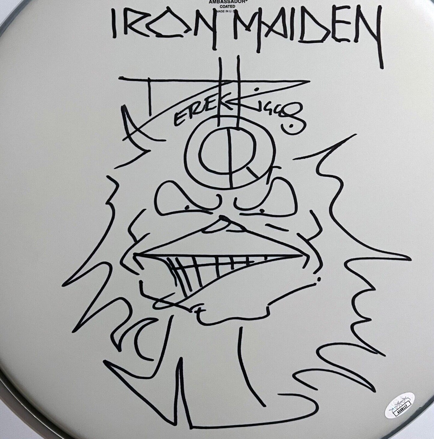Iron Maiden Derek Riggs JSA Autograph Signed 16" Drum Head Original Sketch Eddie