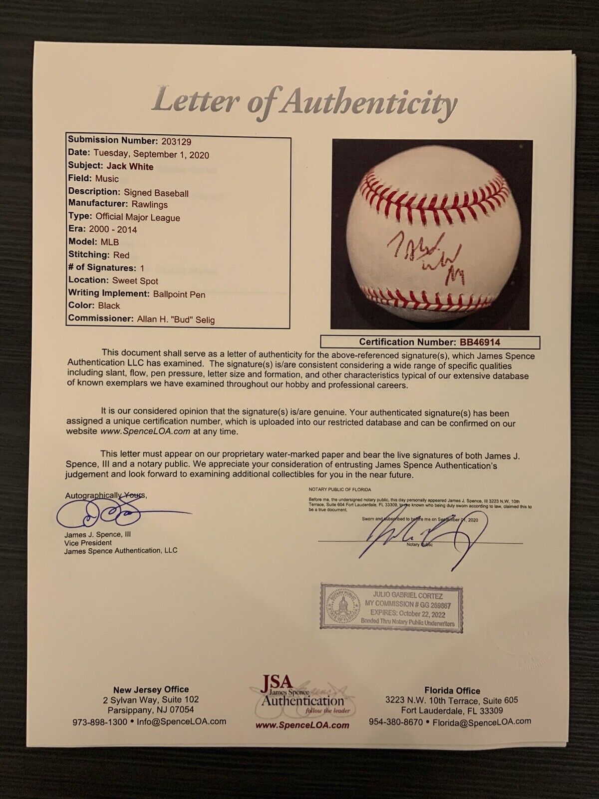 Jack White III Autograph Signed Baseball JSA COA Official The White Stripes