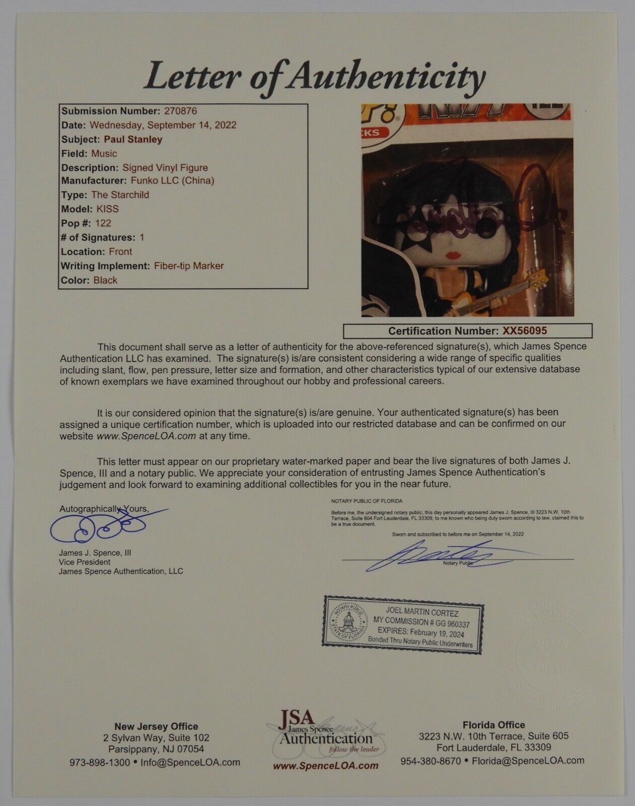 Paul Stanley Signed Autograph Funko Pop 122 JSA KISS Starchild