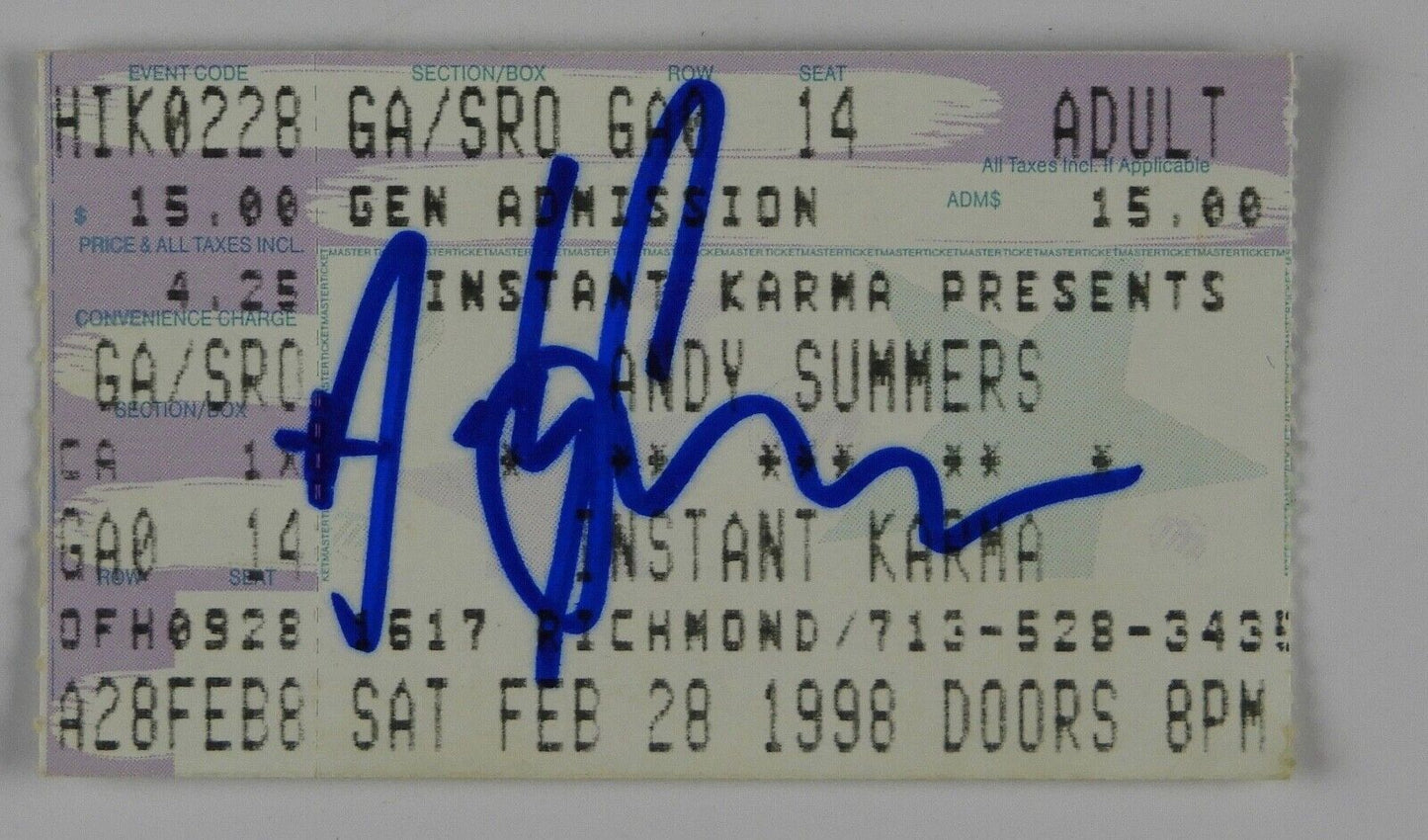 Andy Summers The Police Autograph Signed Concert Ticket JSA COA