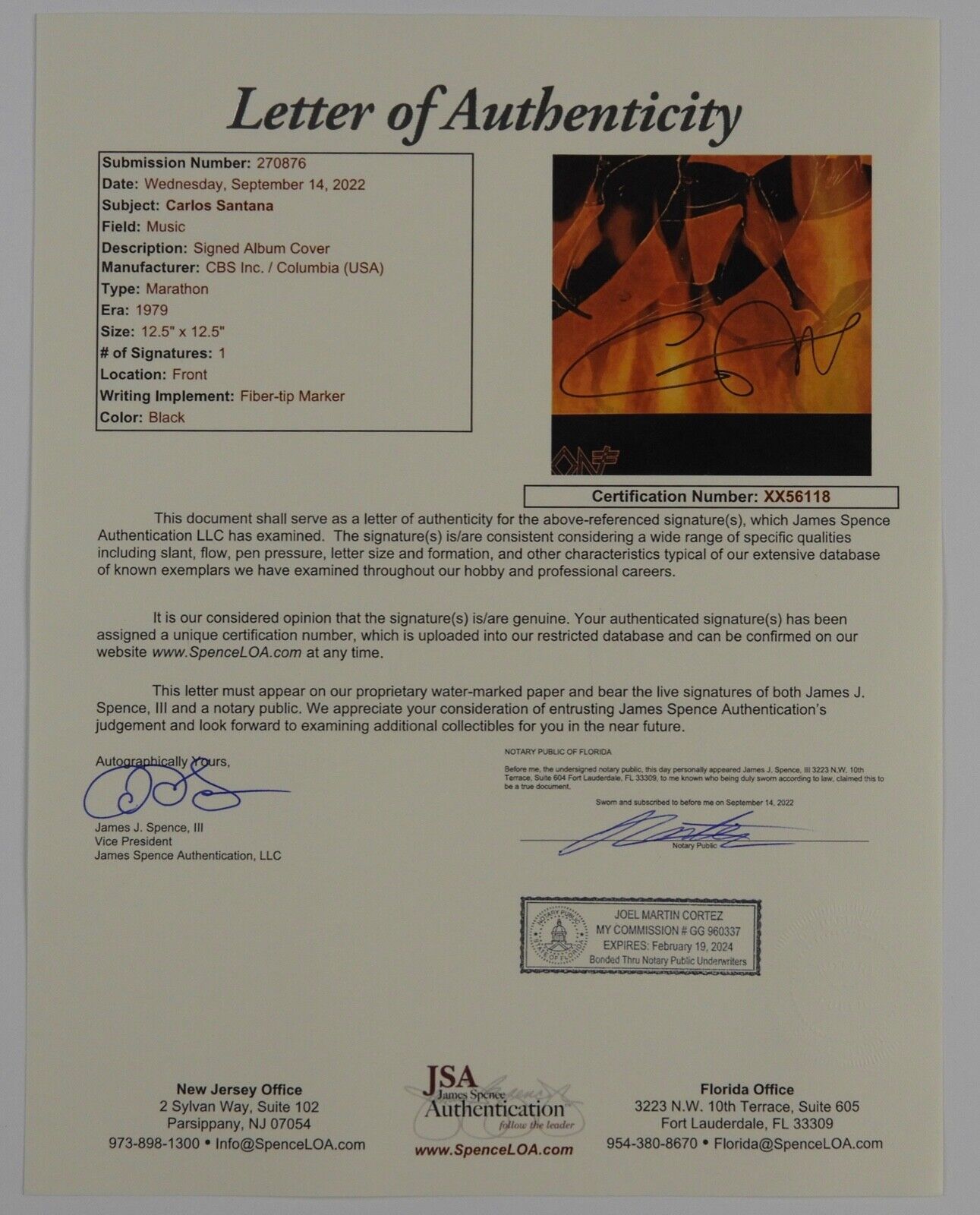 Carlos Santana Signed JSA Autograph Album Record Vinyl Marathon