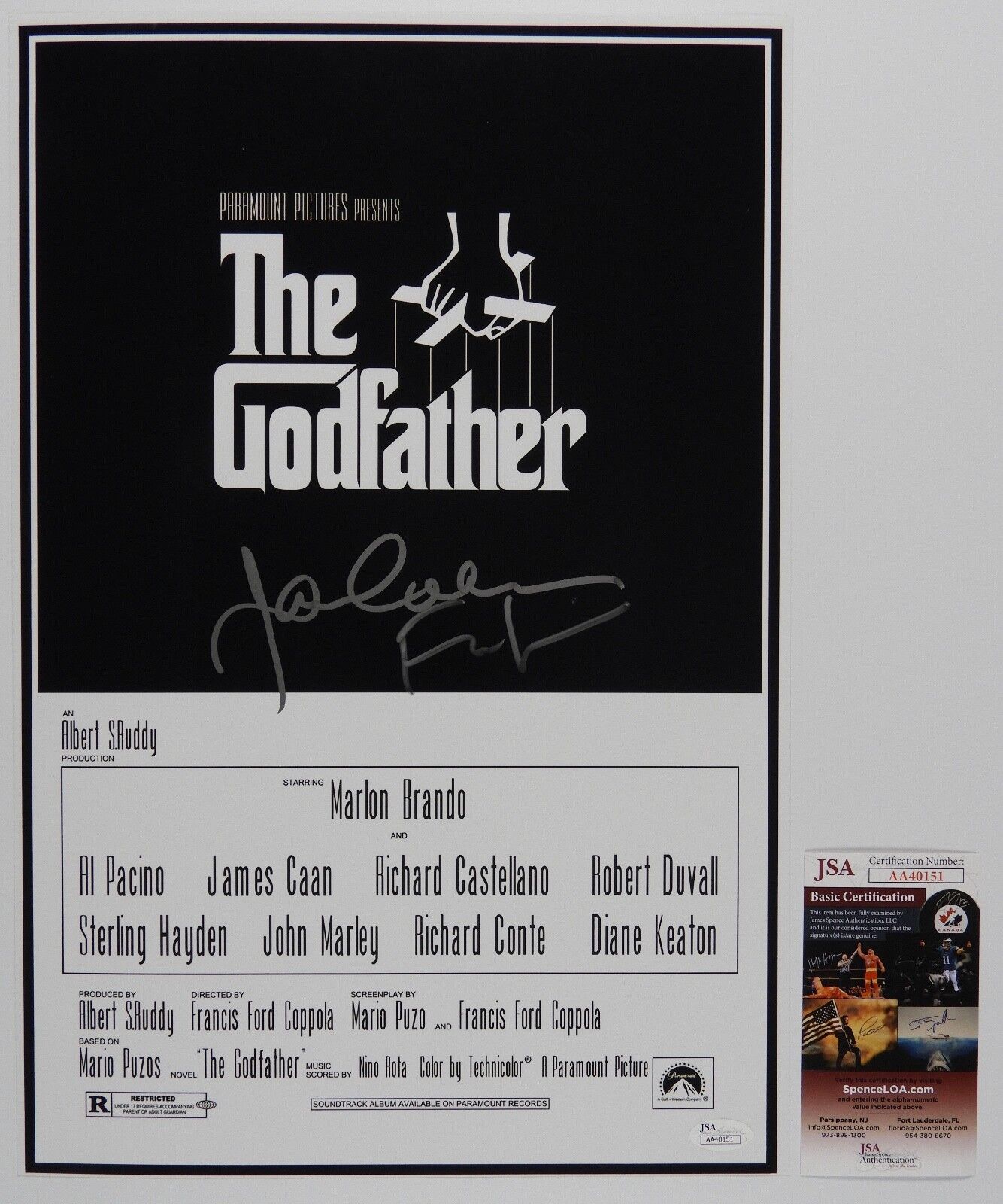 Francis Ford Coppola James Caan The Godfather JSA signed autograph 11 x 17 Photo