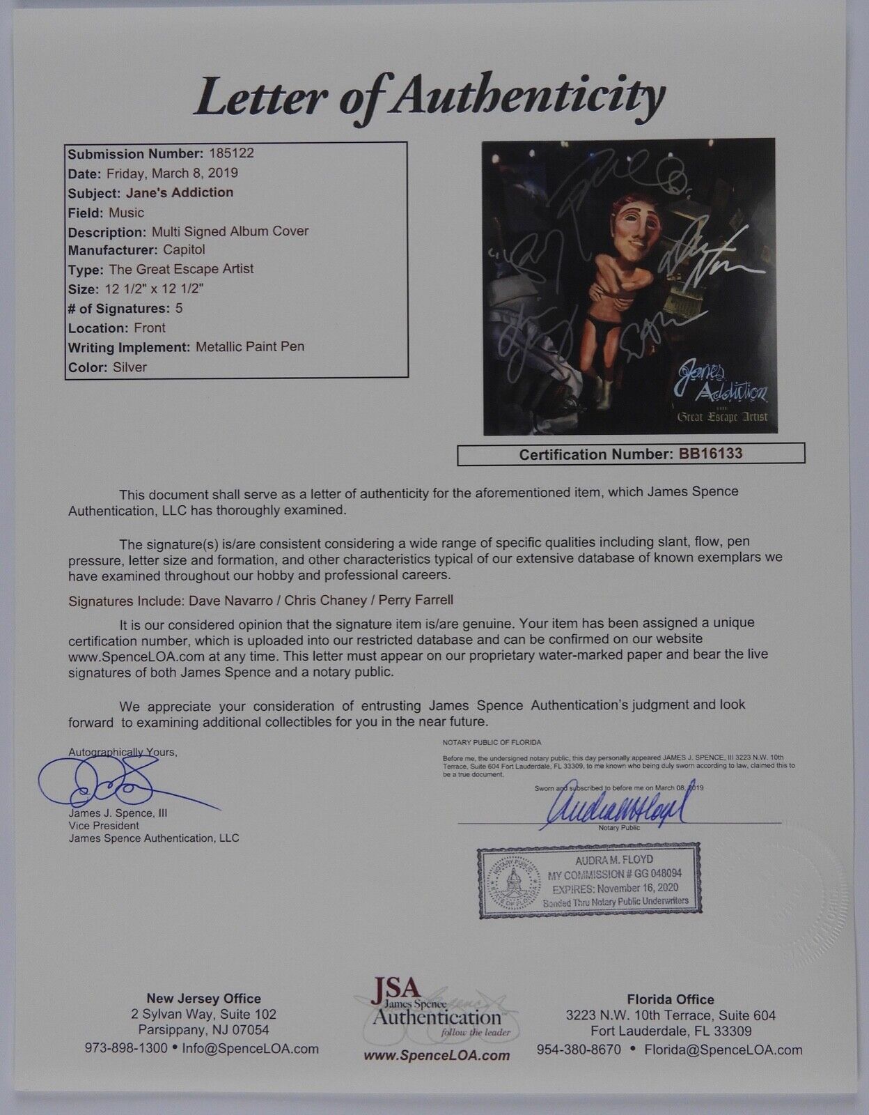 Jane's Addiction JSA Fully Signed Autograph Record Vinyl Album Dave Navarro +