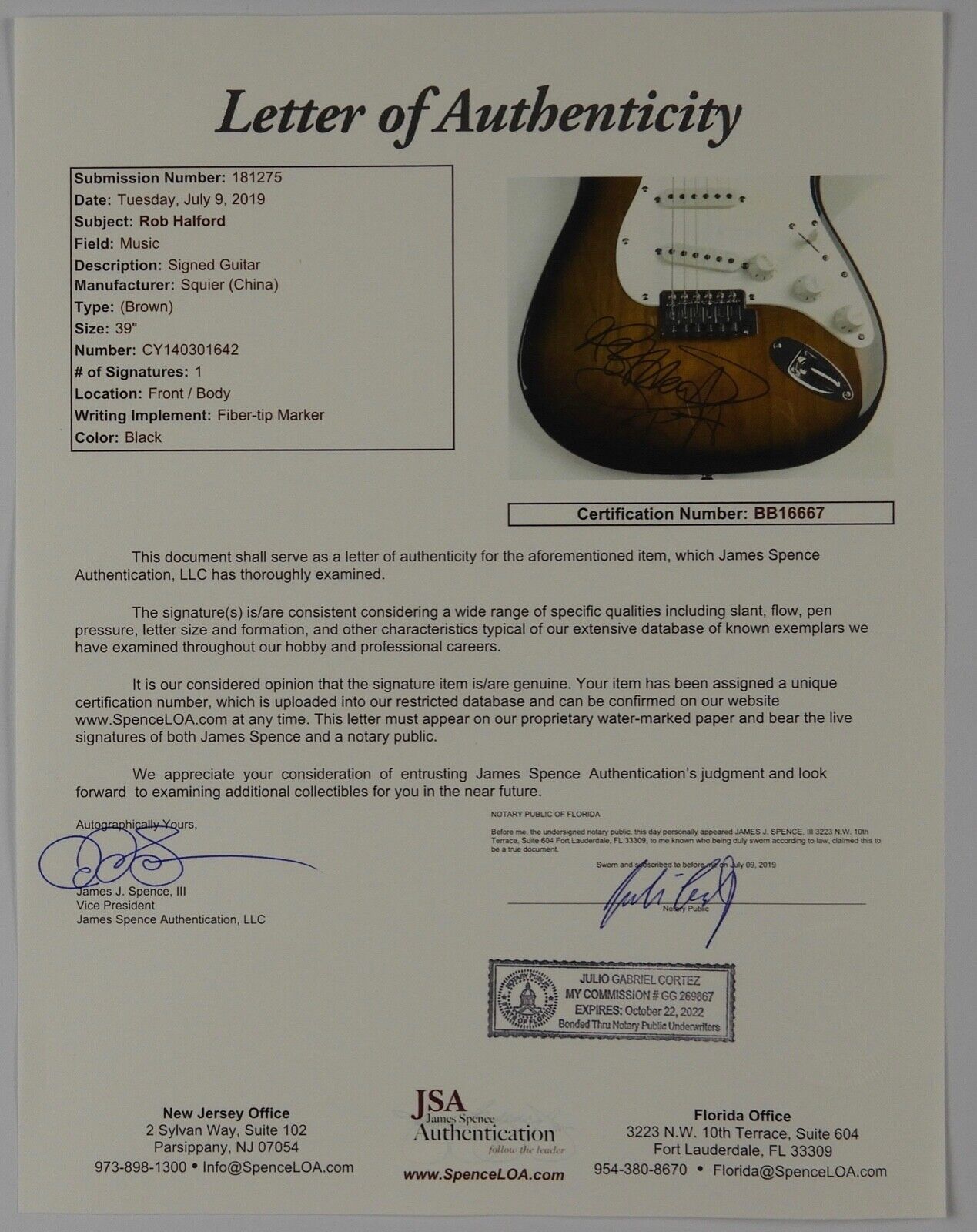 Rob Halford Judas Priest Autograph Signed Guitar Fender JSA Stratocaster