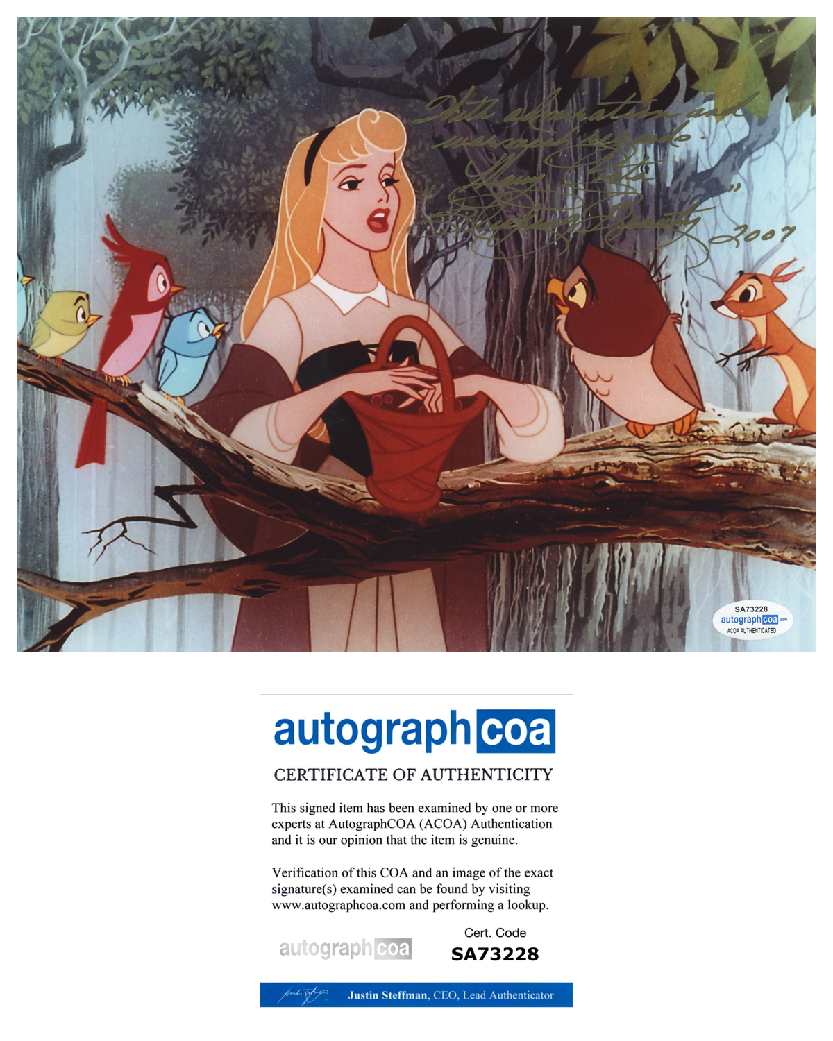 Mary Costa Sleeping Beauty Disney ACOA Signed Autograph 8 x 10 Photo