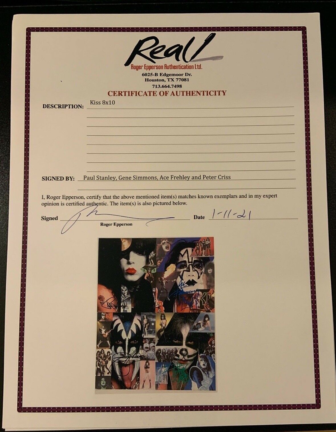 KISS Signed Autograph Photos Paul Stanley Gene Simmons Ace Peter Epperson REAL