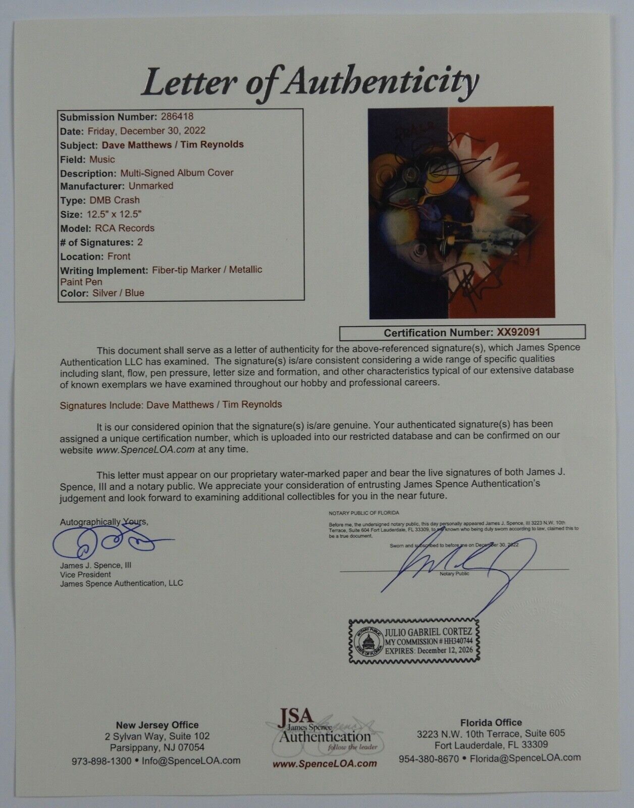 Dave Matthews Band JSA Autograph Signed Record Album Crash Tim Reynolds