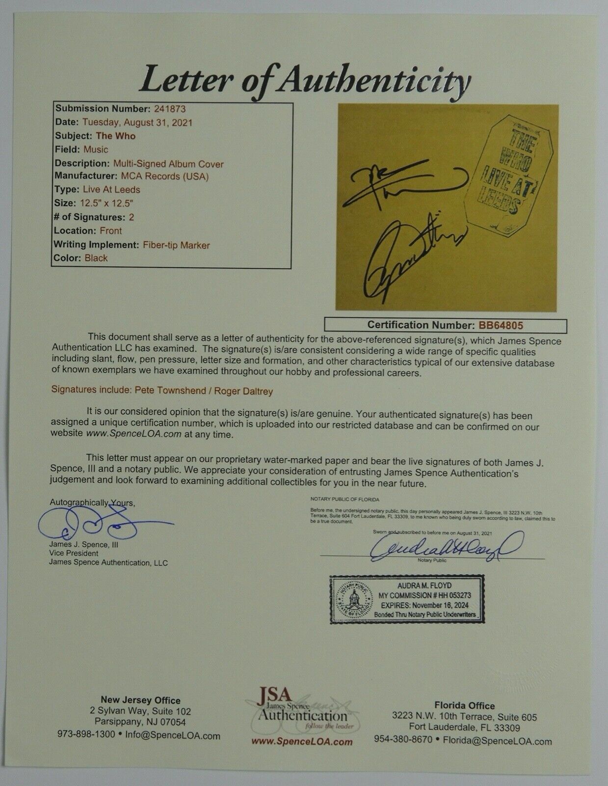 The Who Roger Daltrey Pete Townshend Autograph JSA Signed Album Live At Leeds