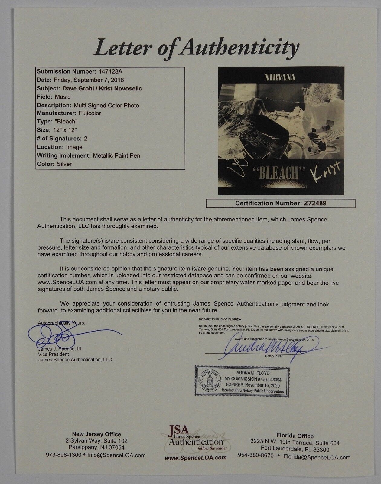 Dave Grohl Krist Nirvana Bleach JSA 12" Album photo Signed Autograph