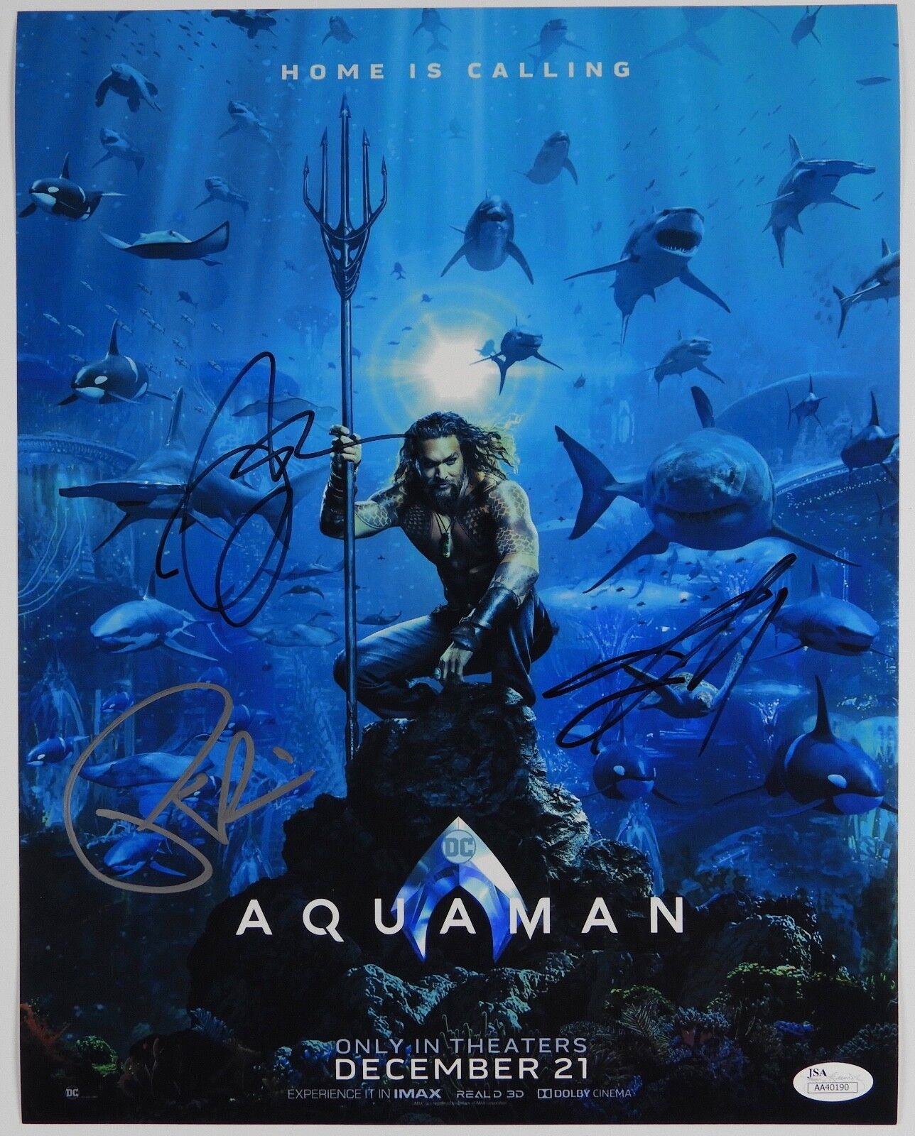 Aquaman Jason Moma, Patrick Wilson, Yahya Autograph JSA 11 x 14 Signed Photo