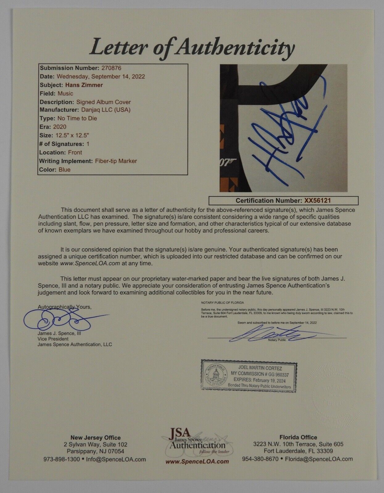 Hans Zimmer Signed JSA Autograph Album Record No Time To Die 007 Soundtrack